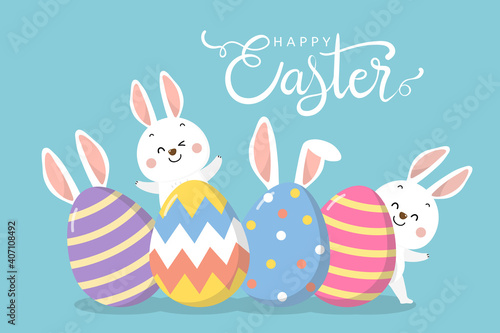 Happy Easter greeting card with cute white bunny and eggs. Rabbit character set. Animal wildlife holidays cartoon. -Vector.