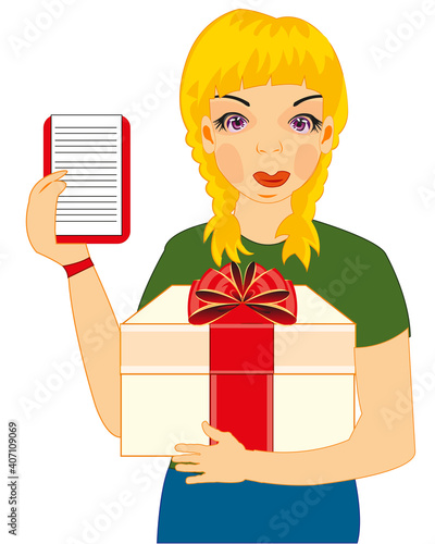 Woman courier with gift on white background is insulated