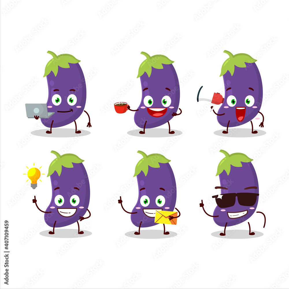 Eggplant cartoon character with various types of business emoticons
