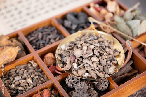 A box of all kinds of traditional Chinese medicine and a box full of scales of Chuanduan photo