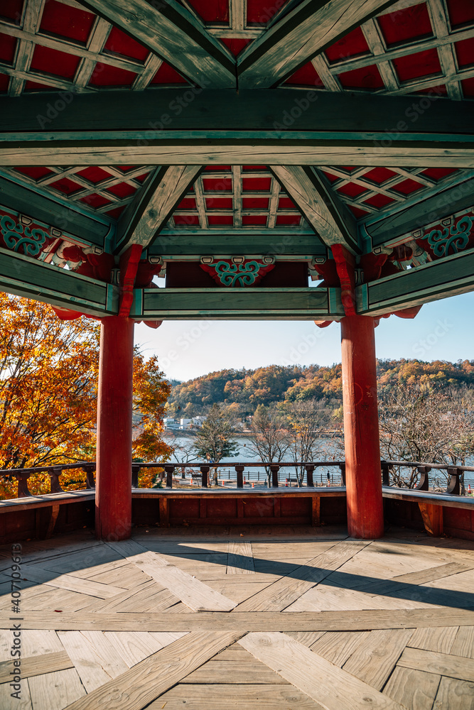Korean traditional pavilion and autumn nature scenery at Andong Folk Village in Andong, Korea Korean traditional pavilion and autumn nature scenery at Andong Folk Village in Andong, Korea