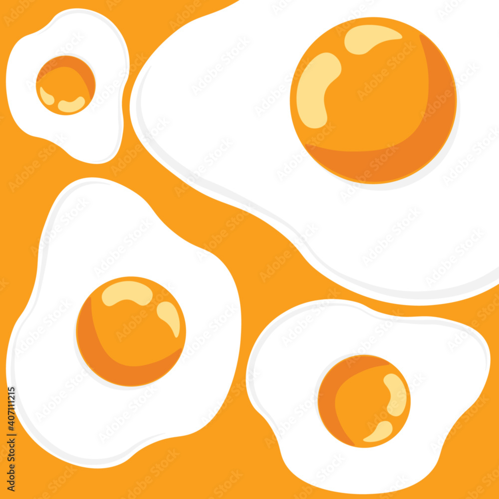 Fried eggs on yellow background, abstract pattern, vector illustration.