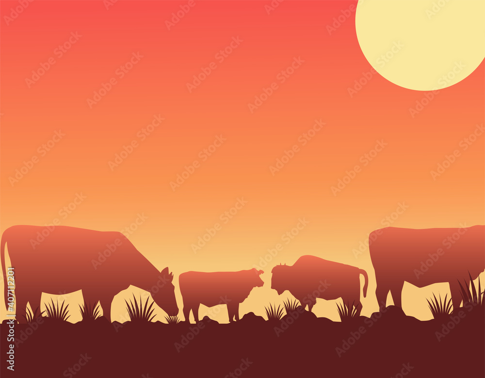 wild west sunset scene with cows in the camp