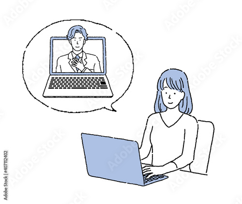 シンプルなタッチ　オンライン診察を受ける女性のイラスト

