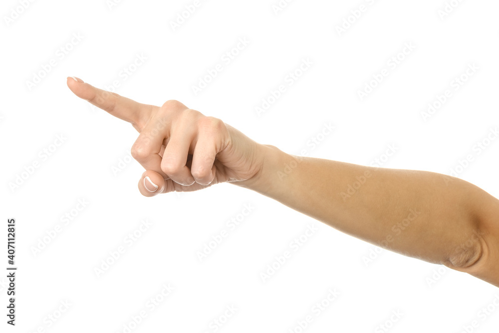 Pointing left. Woman hand gesturing isolated on white Pointing left. Woman hand gesturing isolated on white
