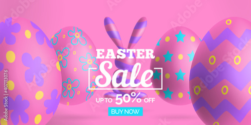 happy easter sale banner design with 3d eggs and rabbit