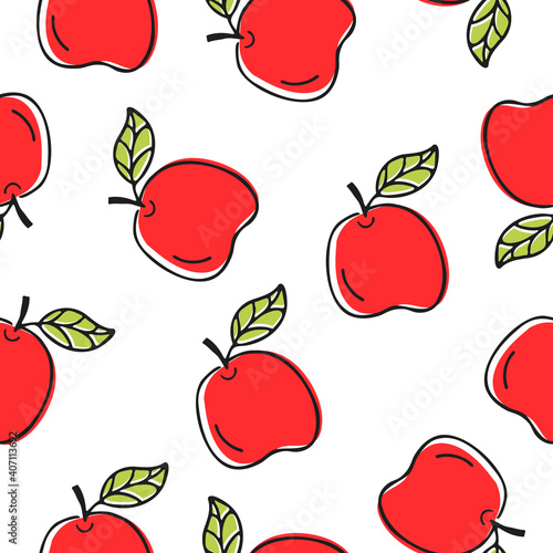 Seamless cute pattern with juicy apples on white background