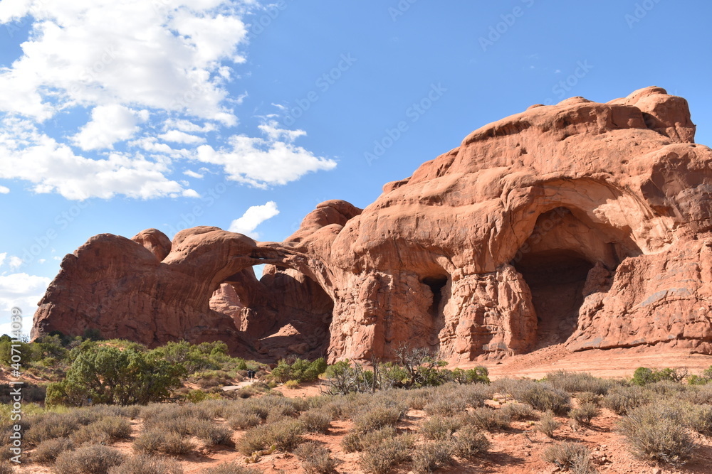 A view of double arch and surrounding formations in Arches National Park, Utah.