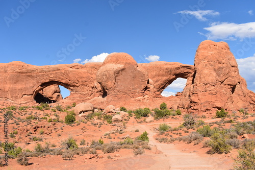 Arches as seen along the highway through Arches National Park, Utah.