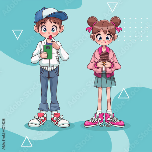 young teenagers couple with smartphone and cupcake anime characters