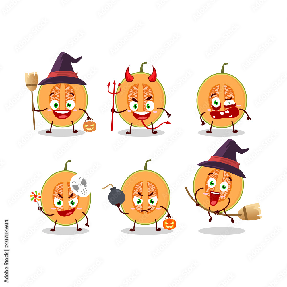Halloween expression emoticons with cartoon character of slice of melon
