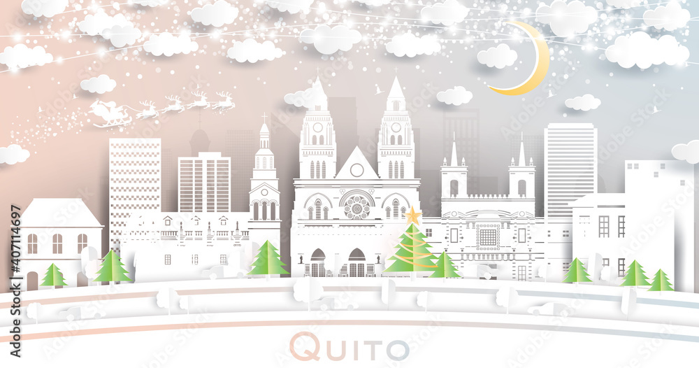 Quito Ecuador City Skyline in Paper Cut Style with Snowflakes, Moon and Neon Garland.