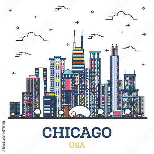 Outline Chicago Illinois USA City Skyline with Colored Modern Buildings Isolated on White.