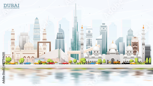 Dubai United Arab Emirates (UAE) City Skyline with Colored Buildings,  Blue Sky and Reflections.