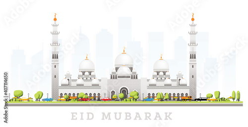 Ramadhan Kareem. Eid Mubarak Greetings with Grand Mosque in Abu Dhabi Isolated on White.