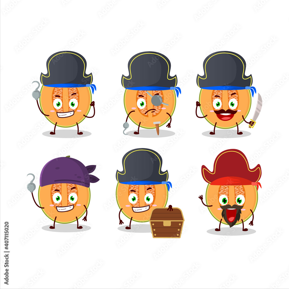 Cartoon character of slice of melon with various pirates emoticons Cartoon character of slice of melon with various pirates emoticons