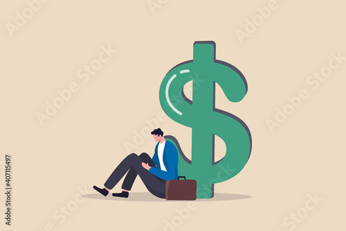 Unemployment, jobless causing financial problem, debt or bankruptcy office worker, no income to pay for mortgage or banking loan concept, depressed unemployed businessman sitting with big dollar money