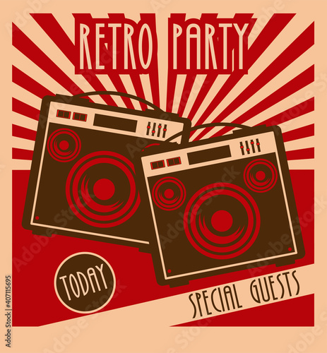 retro party music festival lettering poster with speakers