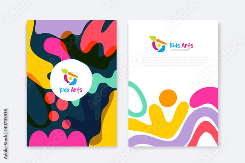 Kids Arts logo and stationery vector. Cute kids multi colored cover design for advertising brochure, Children pattern, kids menu, kindergarten poster, social media post, website background.