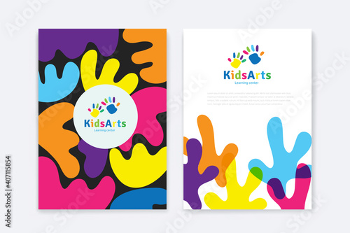 Kids Arts logo and stationery vector. Cute kids multi colored cover design for advertising brochure, Children pattern, kids menu, kindergarten poster, social media post, website background.