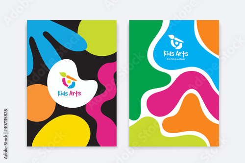 Kids Arts logo and stationery vector. Cute kids multi colored cover design for advertising brochure, Children pattern, kids menu, kindergarten poster, social media post, website background.