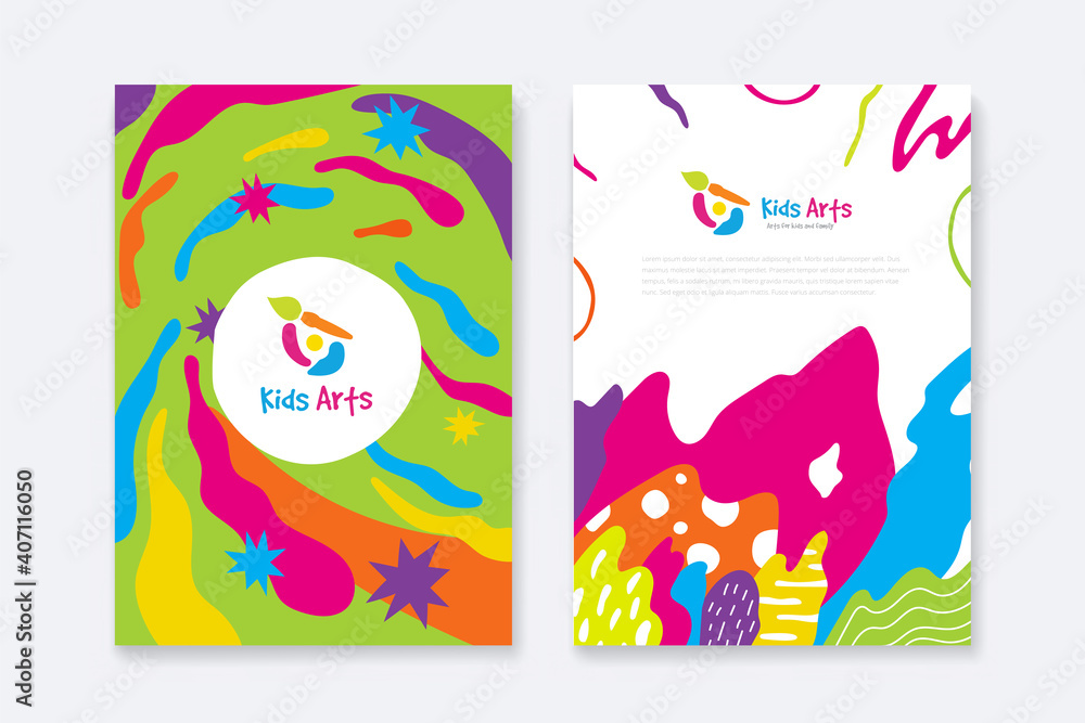 Kids Arts logo and stationery vector. Cute kids multi colored cover design for advertising brochure, Children pattern, kids menu, kindergarten poster, social media post, website background. Kids Arts logo and stationery vector. Cute kids multi colored cover design for advertising brochure, Children pattern, kids menu, kindergarten poster, social media post, website background.