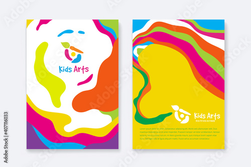 Kids Arts logo and stationery vector. Cute kids multi colored cover design for advertising brochure, Children pattern, kids menu, kindergarten poster, social media post, website background.