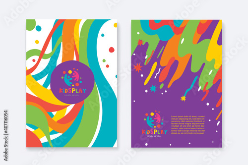 Kids Arts logo and stationery vector. Cute kids multi colored cover design for advertising brochure, Children pattern, kids menu, kindergarten poster, social media post, website background.