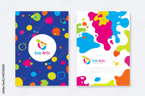 Kids Arts logo and stationery vector. Cute kids multi colored cover design for advertising brochure, Children pattern, kids menu, kindergarten poster, social media post, website background.