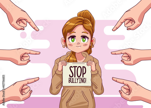 young teenager girl with stop bullying lettering and hands attacking
