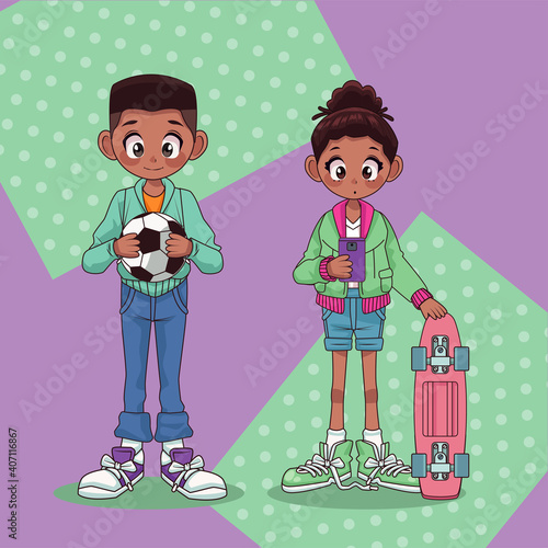 young afro teenagers couple with soccer balloon and skateboard characters
