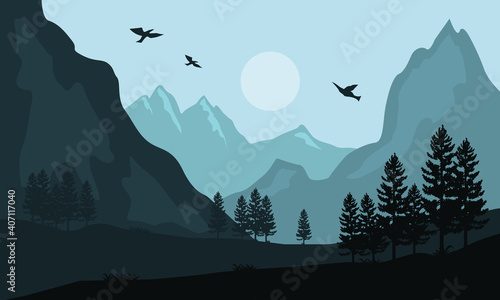 Nature scenery in the morning with bright sky color. Vector illustration