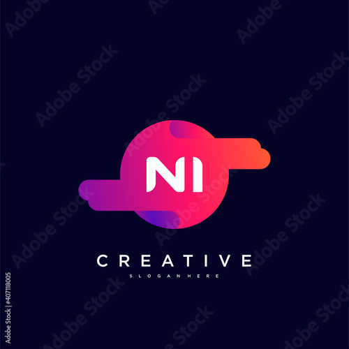 NI Initial Letter logo icon design template elements with wave colorful art