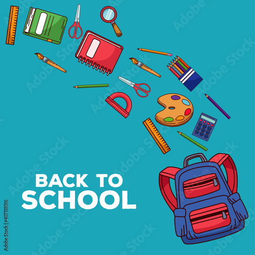 back to school lettering with schoolbag and supplies