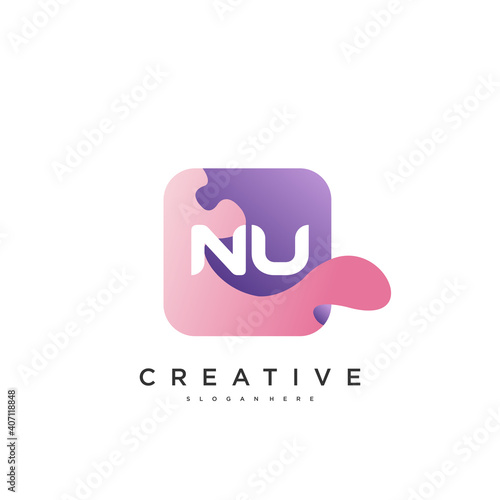 NU Initial Letter logo icon design template elements with wave colorful art