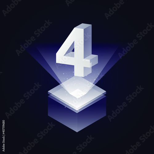 3d modern silver white solid number vector on light cube platform, shiny digital isometric count illustration & spotlight shimmer transparent square stage, technology typography number four 4 symbol