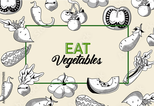 eat vegetables lettering poster with healthy food in square frame