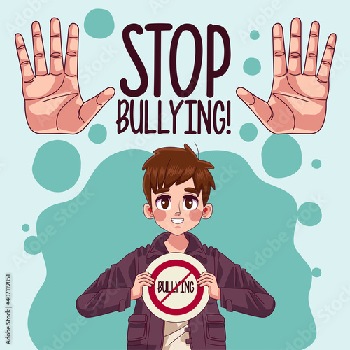 young teenager boy with stop bullying signal and hands stoping