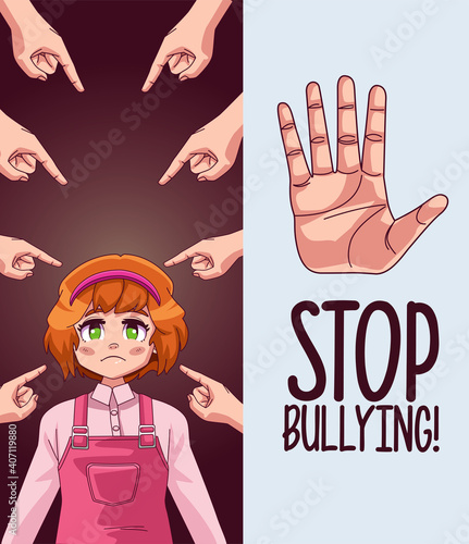 young girl with stop bullying lettering and hands attacking