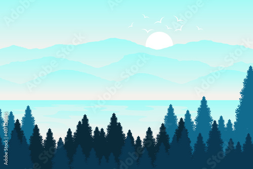Beach with views of mountains and cypress trees