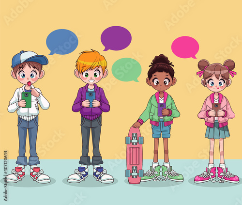 young interracial teenagers kids chatting with smartphones characters