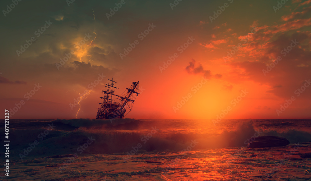 Silhouette of old ship in a stormy sea,  amazing lightning in the background 