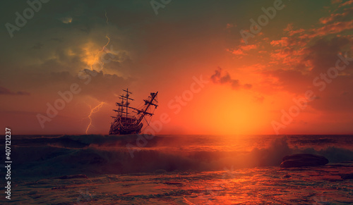 Silhouette of old ship in a stormy sea, amazing lightning in the background 