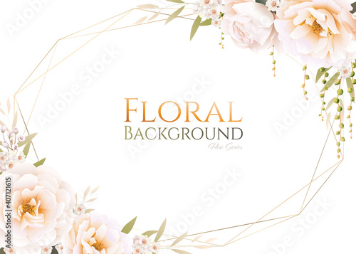 Rose with greenery frame border on white background, for wedding invitation or greeting card, banner. All elements are isolated and editable. Vector.