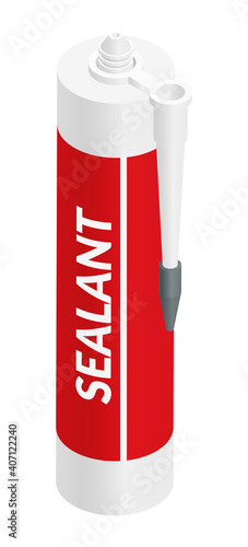 Isometric vector illustration silicone sealant packaging container tube with nozzle isolated on white background. Realistic silicone sealant tube icon in flat cartoon style. Building materials.