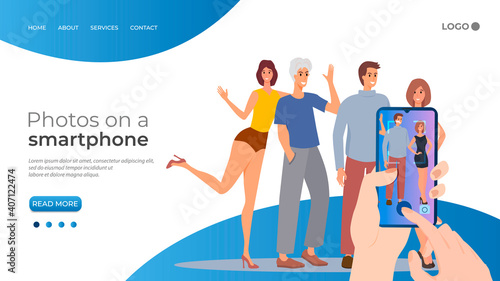 Young people pose for photos and take pictures on a smartphone.Friendship and joy of communication of cartoon characters are photographed for memory.Flat vector illustration.The template of the landin