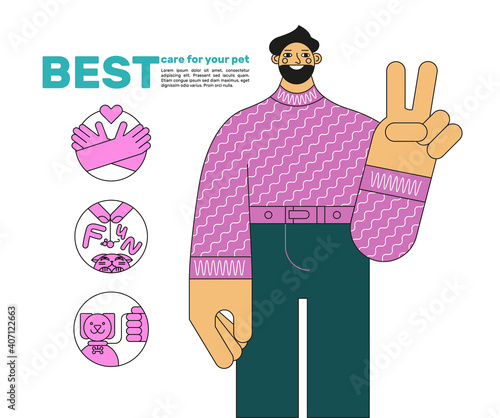 Images of the dogsitter guy with activity icons and a text block.