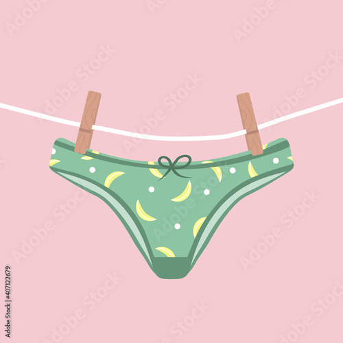 Modern female panties dried on a rope. Cute colorful knickers after washing. Trendy undergarments. Vintage vector illustration in flat cartoon style. Suitable for logo, icon, banner.