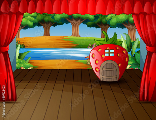 Strawberry house and nature landscape in the stage illustration