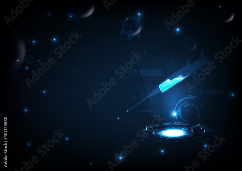 Vaccine with viruses background futuristic technology, COVIDS-19, vaccination prevent the disease, vector illustration